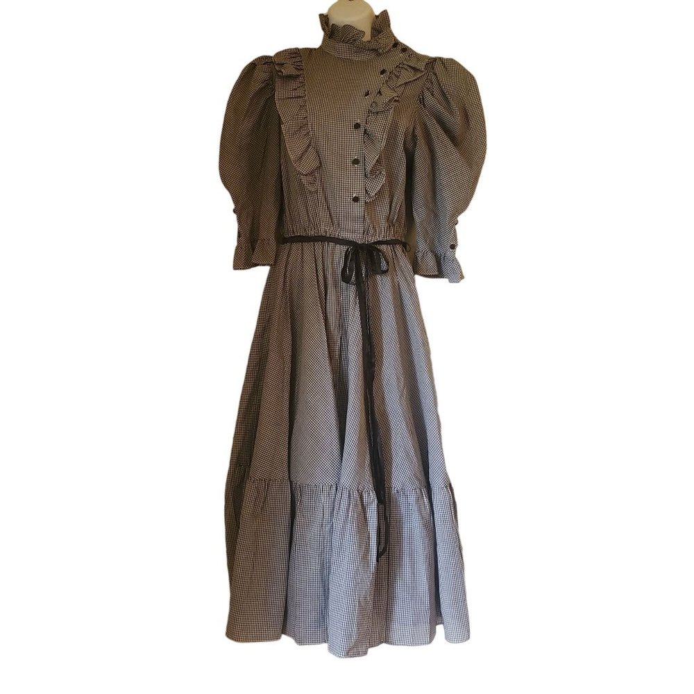 Kono 9 10 Black White Gingham Prairie Dress Ruffles Belt Maxi Cosplay‎ Western